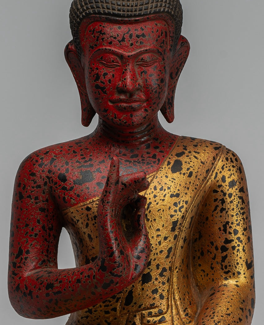 Buddha Statue - Antique Khmer Style Cambodia Seated Wood Buddha Statue Teaching Mudra - 52cm/21"