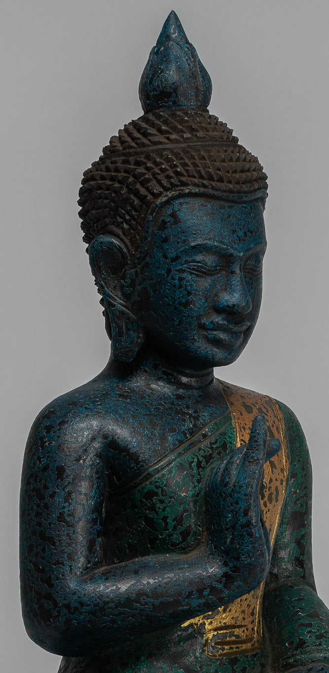 Buddha Statue - Antique Khmer Style Cambodia Seated Wood Buddha Statue Teaching Mudra - 47cm/19"