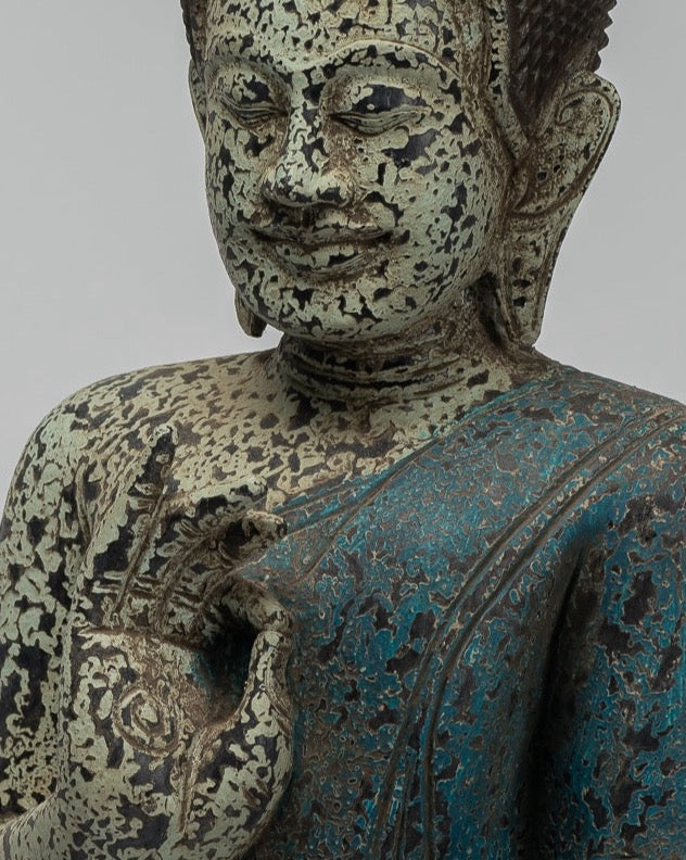 Buddha Statue - Antique Khmer Style Cambodia Seated Wood Buddha Statue Teaching Mudra - 44cm/18"