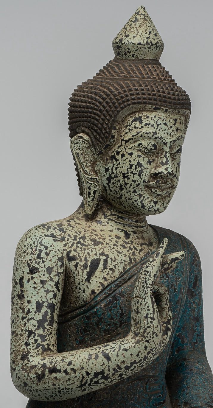 Buddha Statue - Antique Khmer Style Cambodia Seated Wood Buddha Statue Teaching Mudra - 44cm/18"