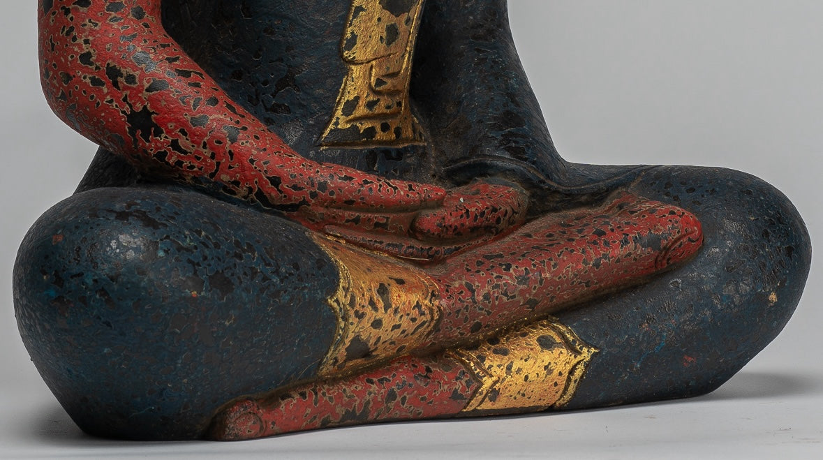 Sculpture de Bouddha – Statue de Bouddha assis en bois de style khmer antique Dhyana Méditation Mudra – 40 cm