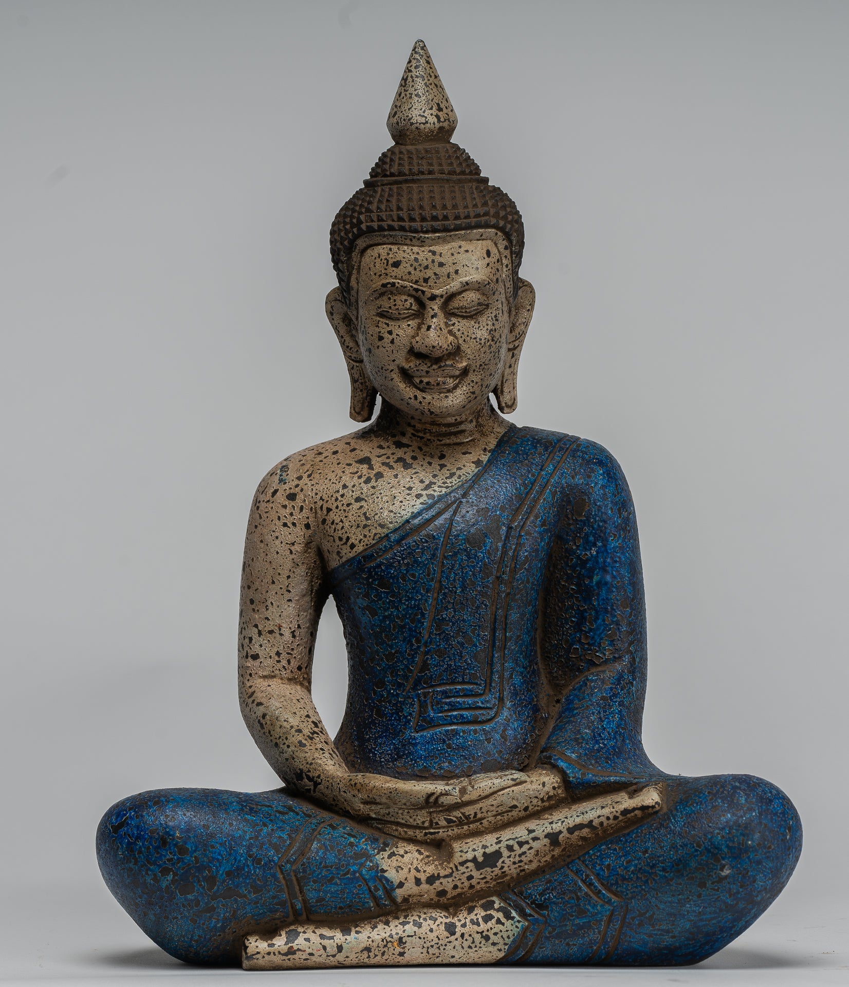 Buddha Sculpture - Antique Khmer Style Wood Seated Buddha Statue Dhyana Meditation Mudra - 33cm/13"