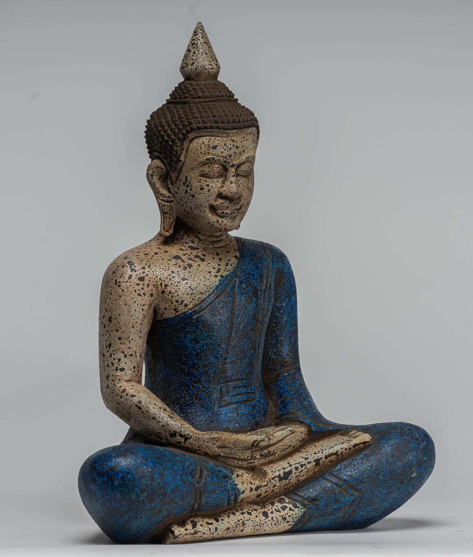 Buddha Sculpture - Antique Khmer Style Wood Seated Buddha Statue Dhyana Meditation Mudra - 33cm/13"