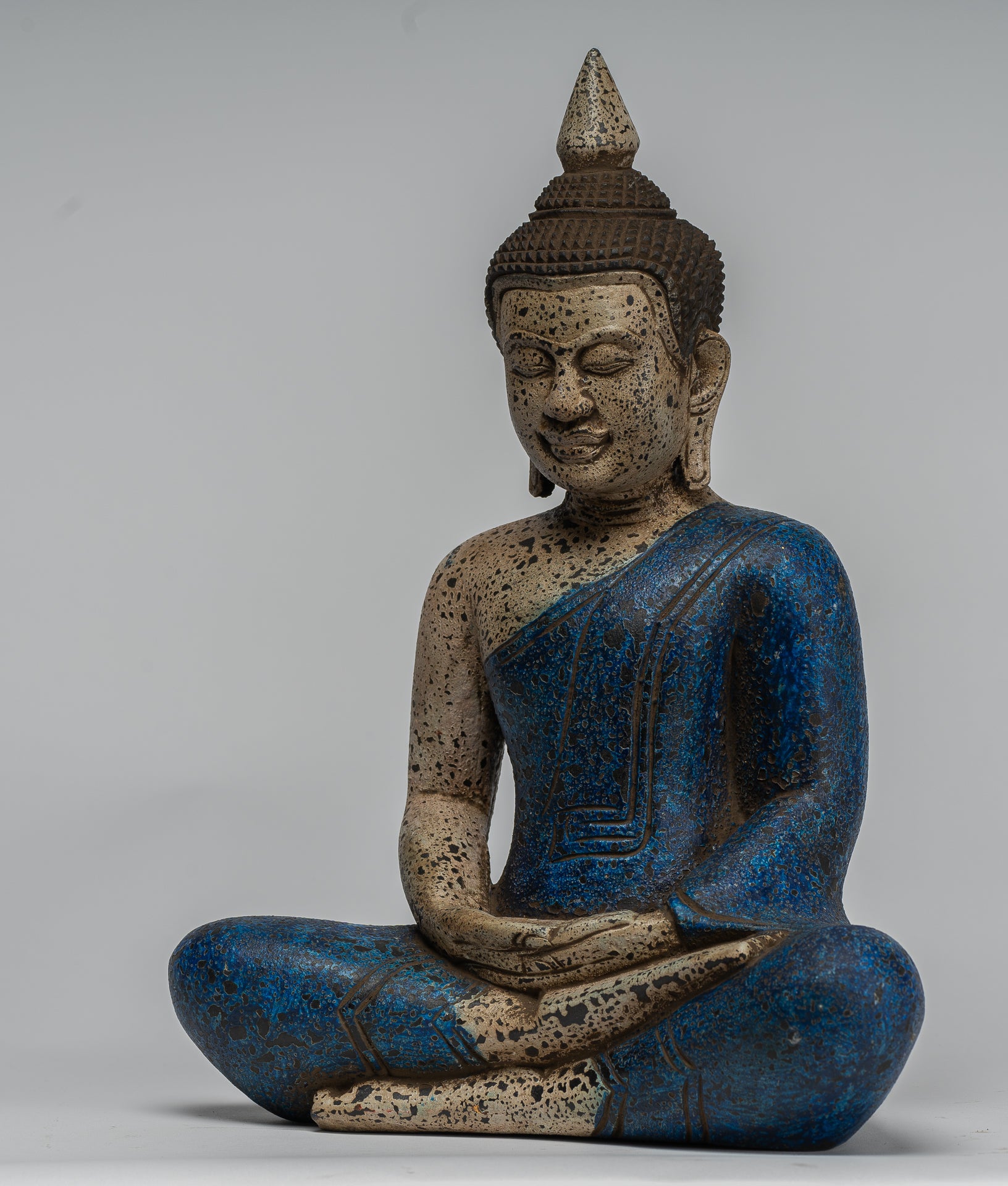 Buddha Sculpture - Antique Khmer Style Wood Seated Buddha Statue Dhyana Meditation Mudra - 33cm/13"
