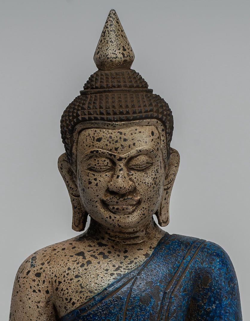 Buddha Sculpture - Antique Khmer Style Wood Seated Buddha Statue Dhyana Meditation Mudra - 33cm/13"