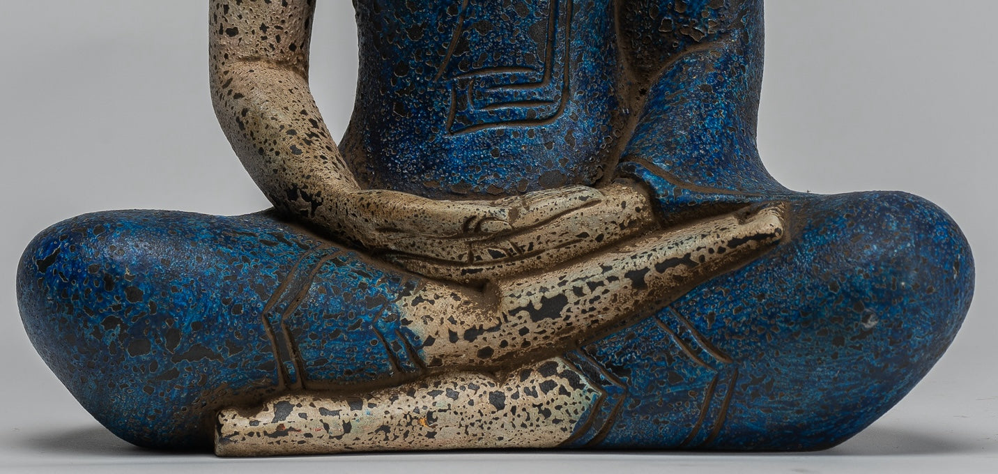 Buddha Sculpture - Antique Khmer Style Wood Seated Buddha Statue Dhyana Meditation Mudra - 33cm/13"