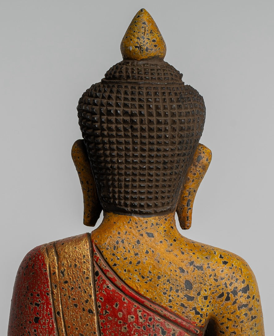 Buddha Sculpture - Antique Khmer Style Wood Seated Buddha Statue Dhyana Meditation Mudra - 27cm/11"