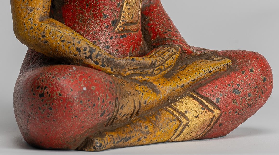 Buddha Sculpture - Antique Khmer Style Wood Seated Buddha Statue Dhyana Meditation Mudra - 27cm/11"