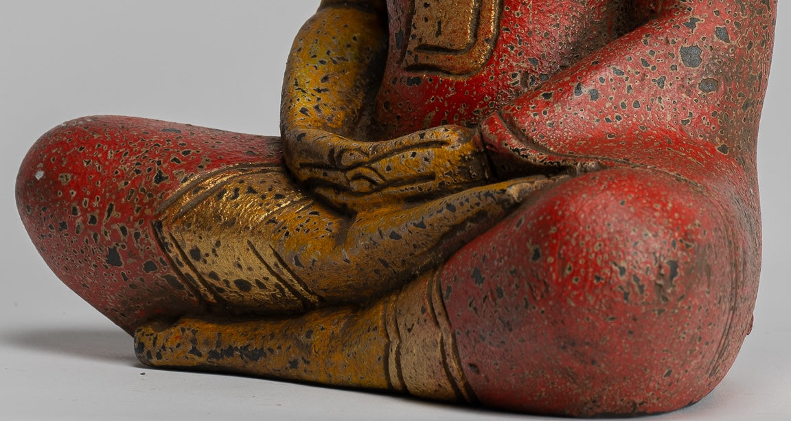 Buddha Sculpture - Antique Khmer Style Wood Seated Buddha Statue Dhyana Meditation Mudra - 27cm/11"