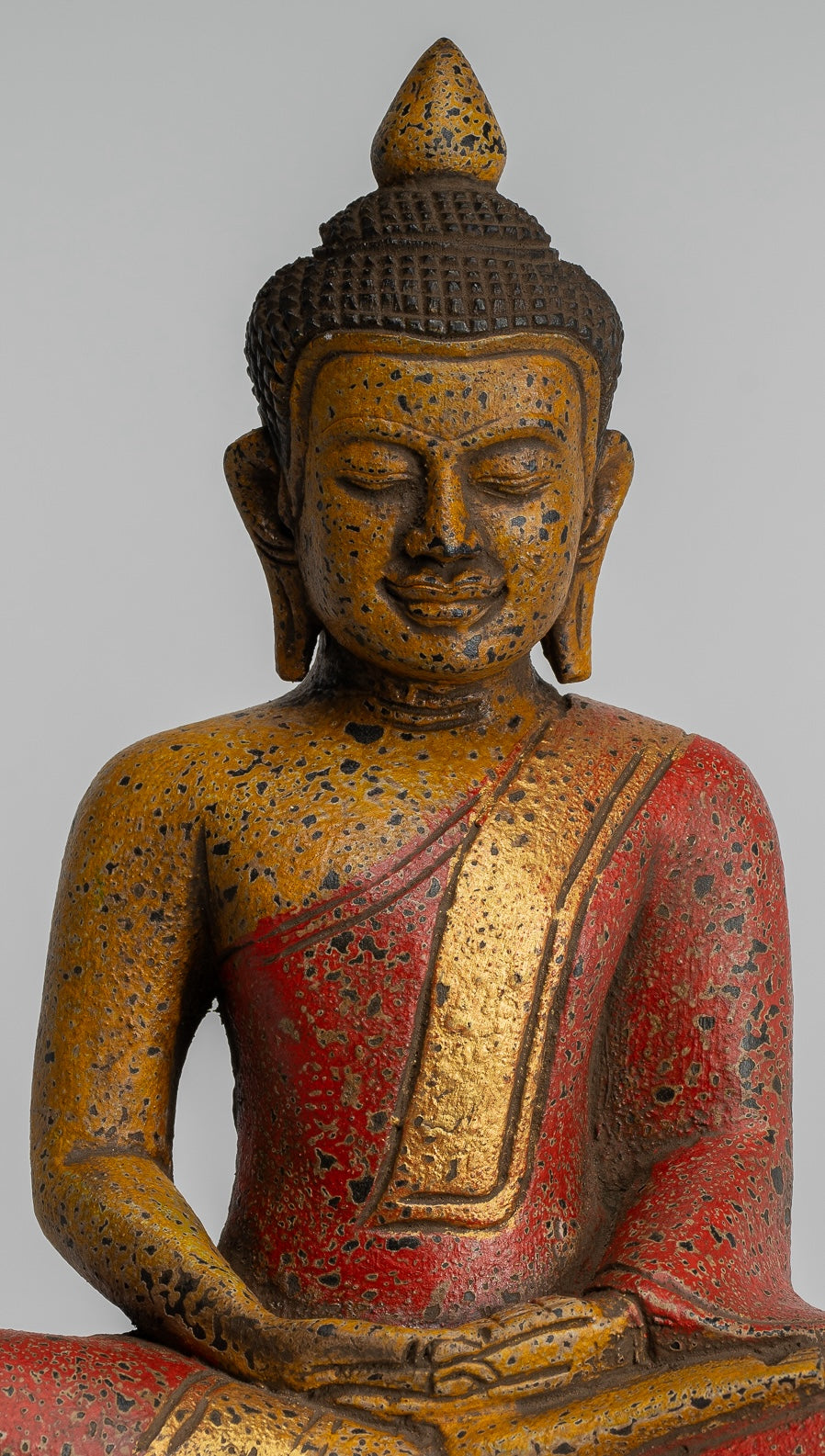 Buddha Sculpture - Antique Khmer Style Wood Seated Buddha Statue Dhyana Meditation Mudra - 27cm/11"