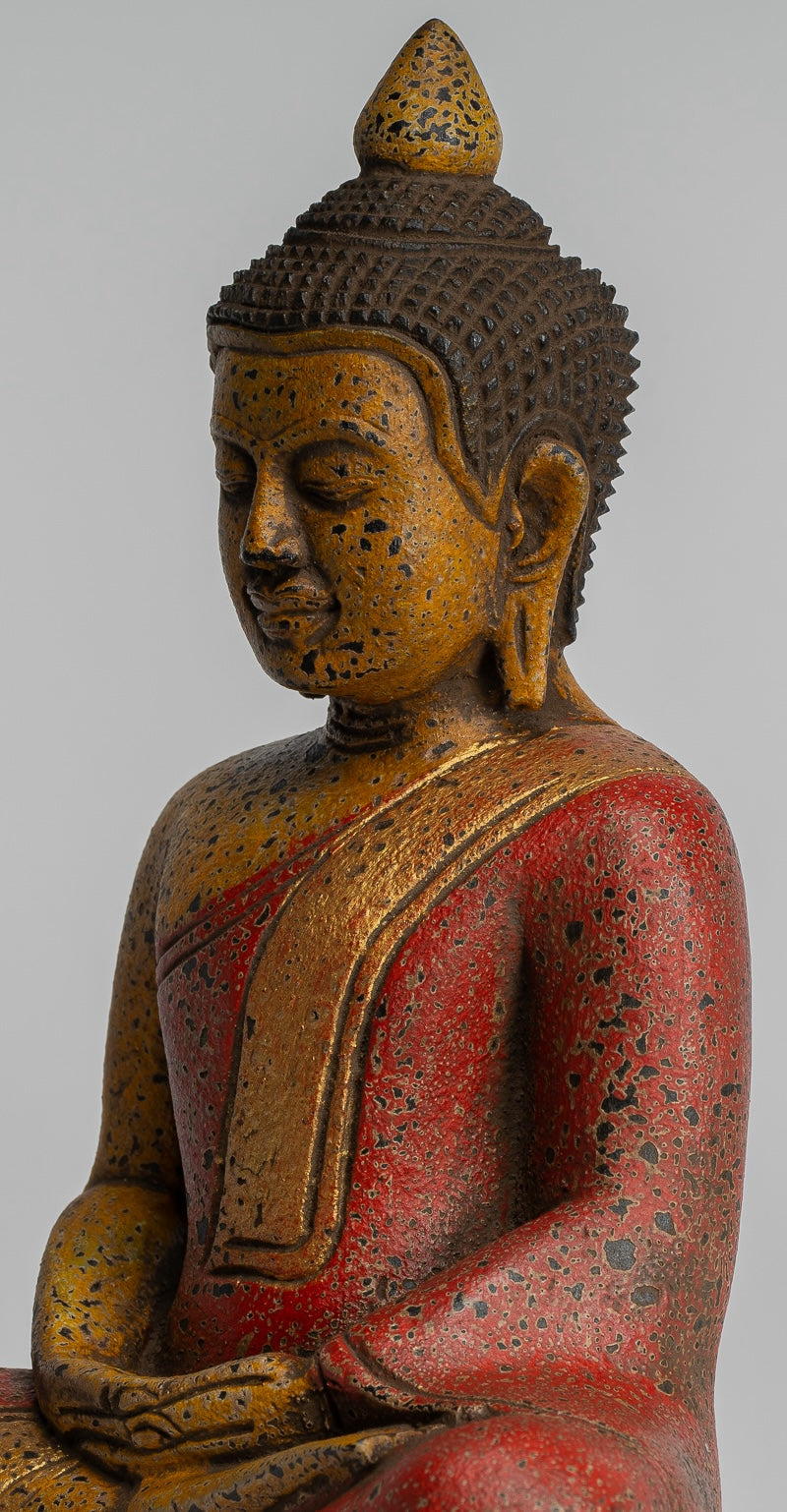 Buddha Sculpture - Antique Khmer Style Wood Seated Buddha Statue Dhyana Meditation Mudra - 27cm/11"