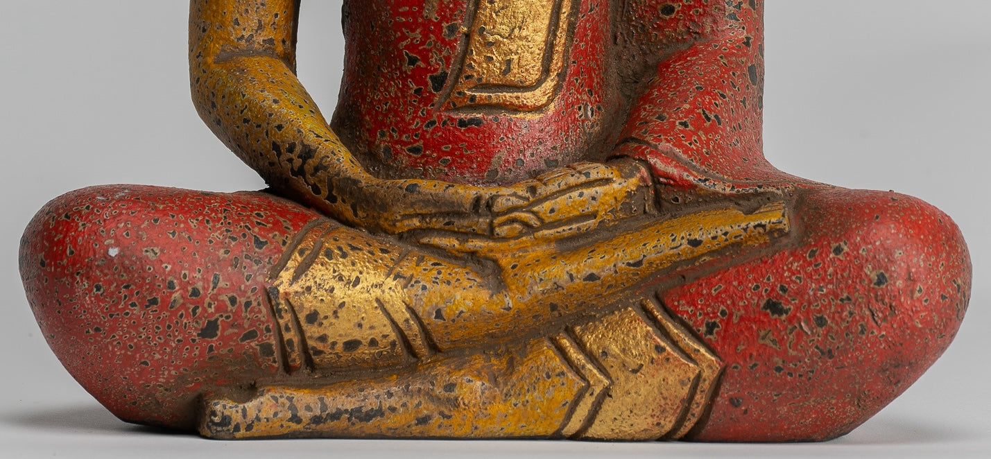 Buddha Sculpture - Antique Khmer Style Wood Seated Buddha Statue Dhyana Meditation Mudra - 27cm/11"
