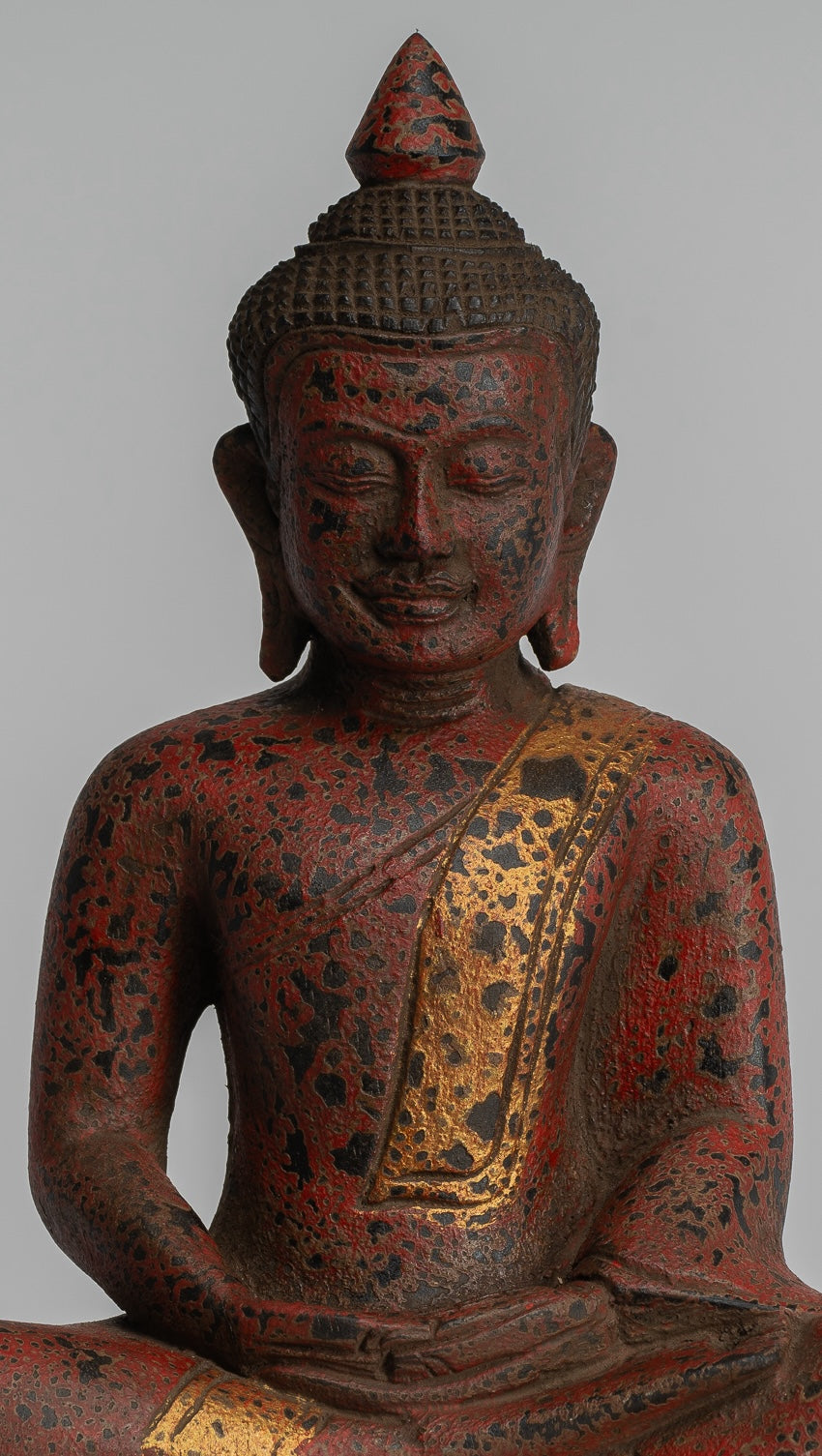 Buddha Sculpture - Antique Khmer Style Wood Seated Buddha Statue Dhyana Meditation Mudra - 28cm/11"