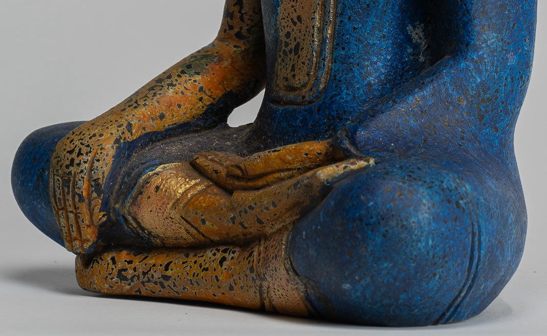 Buddha Statue - Antique Khmer Style SE Asia Seated Wood Enlightenment Buddha Statue - 27cm/11"