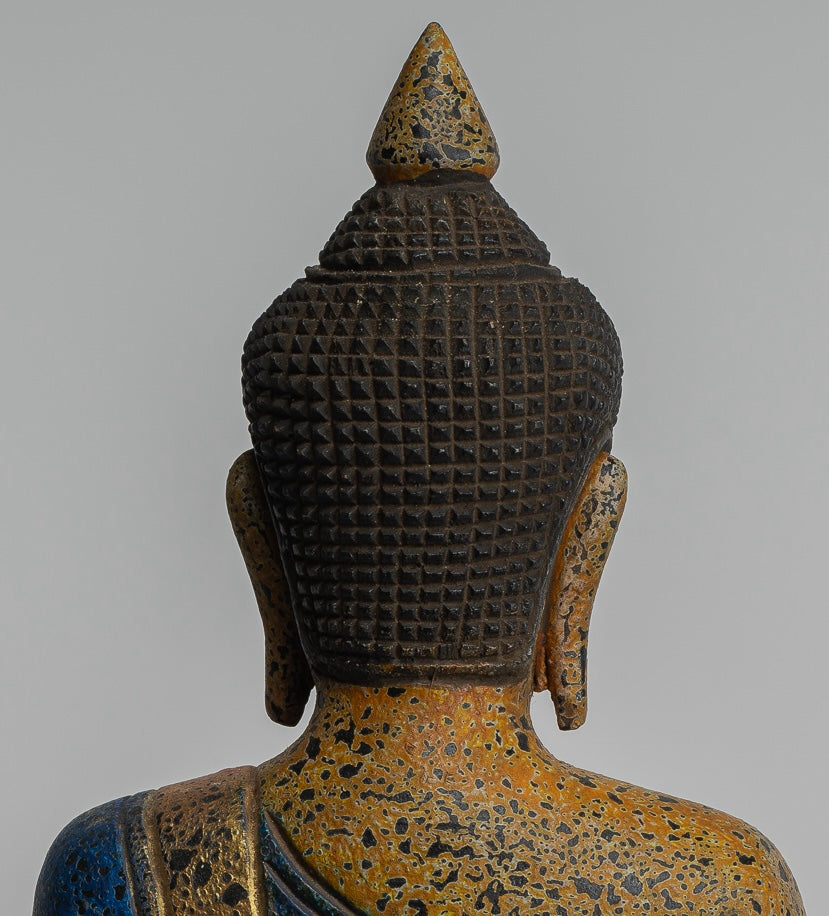 Buddha Statue - Antique Khmer Style SE Asia Seated Wood Enlightenment Buddha Statue - 27cm/11"