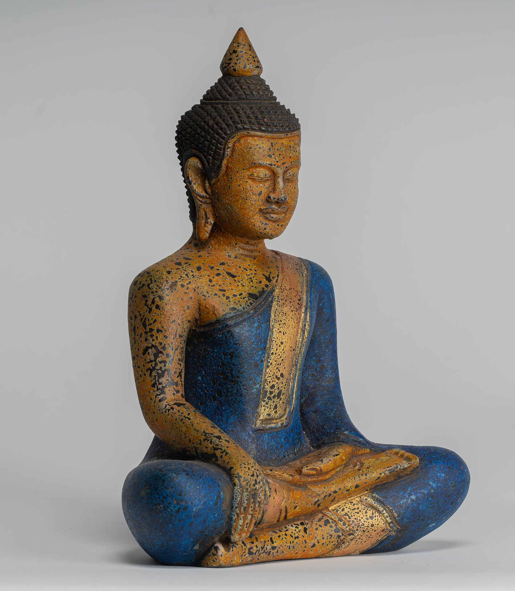 Buddha Statue - Antique Khmer Style SE Asia Seated Wood Enlightenment Buddha Statue - 27cm/11"