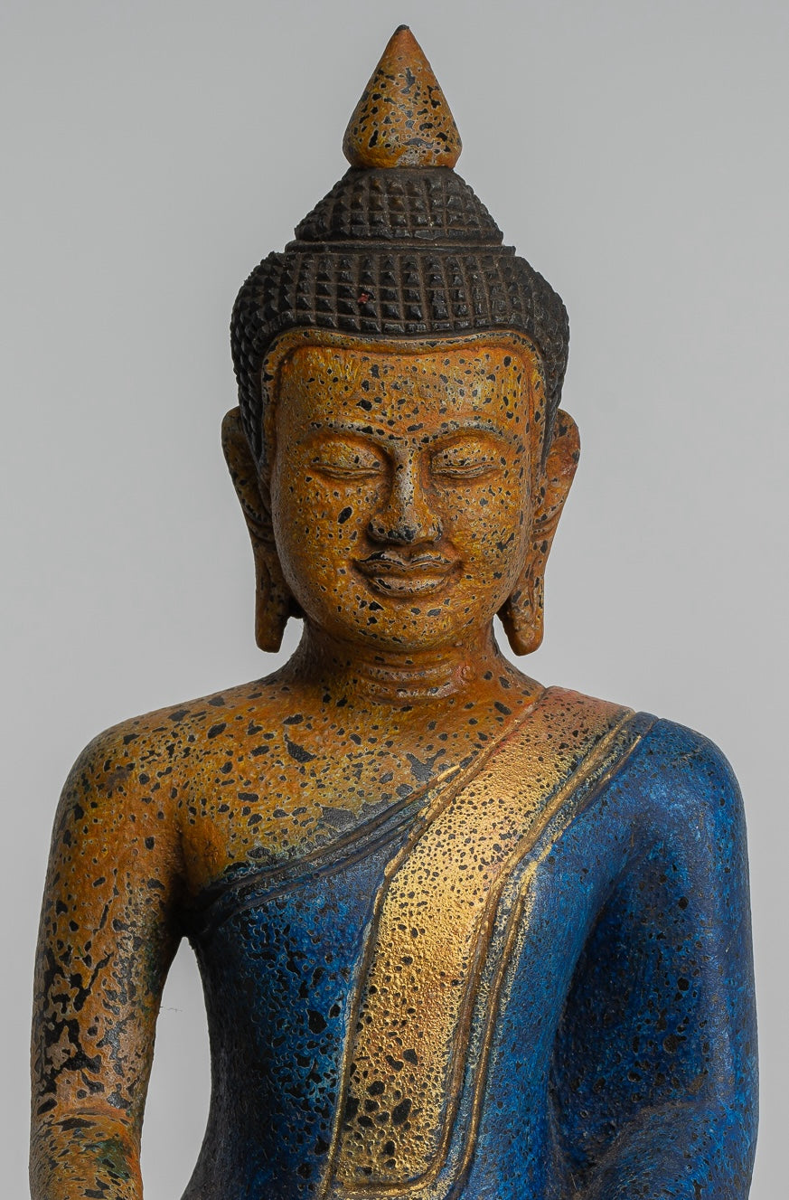 Buddha Statue - Antique Khmer Style SE Asia Seated Wood Enlightenment Buddha Statue - 27cm/11"
