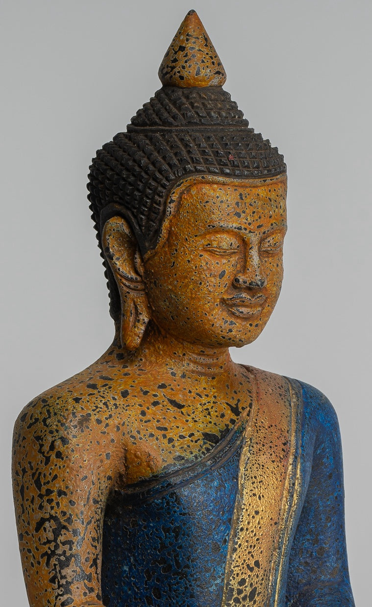 Buddha Statue - Antique Khmer Style SE Asia Seated Wood Enlightenment Buddha Statue - 27cm/11"