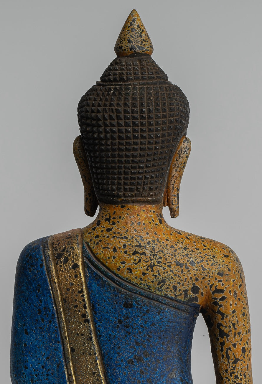 Buddha Statue - Antique Khmer Style SE Asia Seated Wood Enlightenment Buddha Statue - 27cm/11"