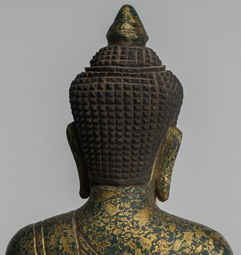 Buddha Statue - Antique Khmer Style SE Asia Seated Wood Enlightenment Buddha Statue - 27cm/11"