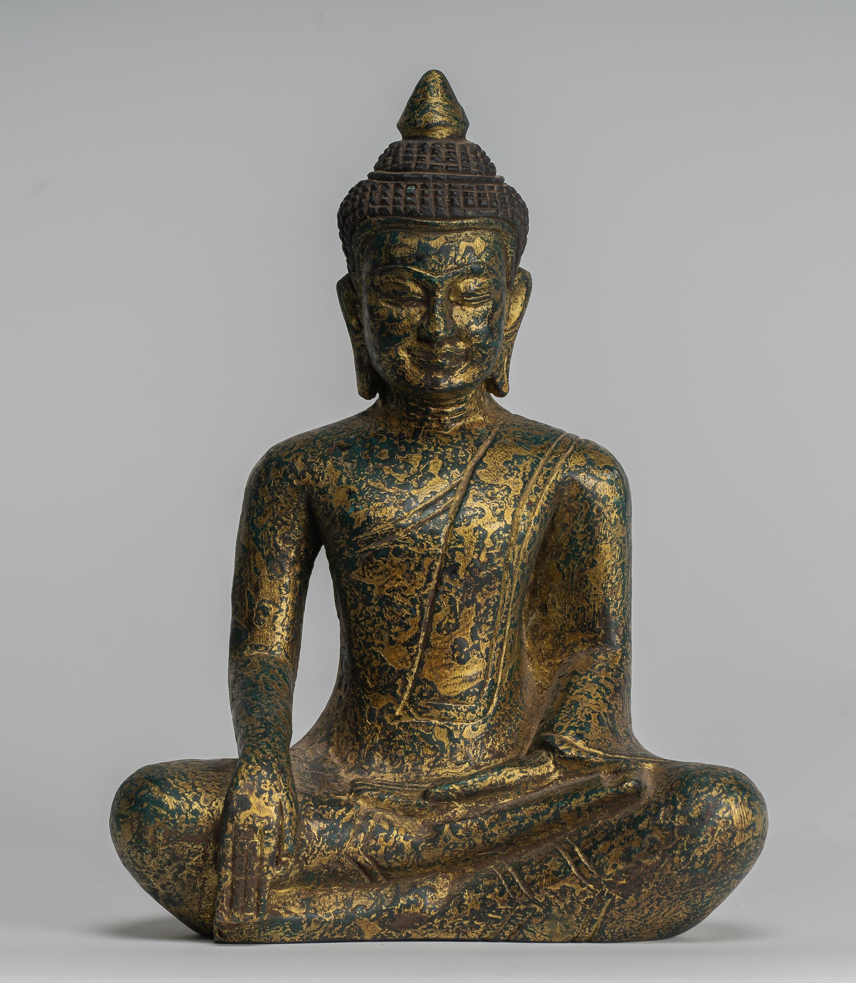Buddha Statue - Antique Khmer Style SE Asia Seated Wood Enlightenment Buddha Statue - 27cm/11"