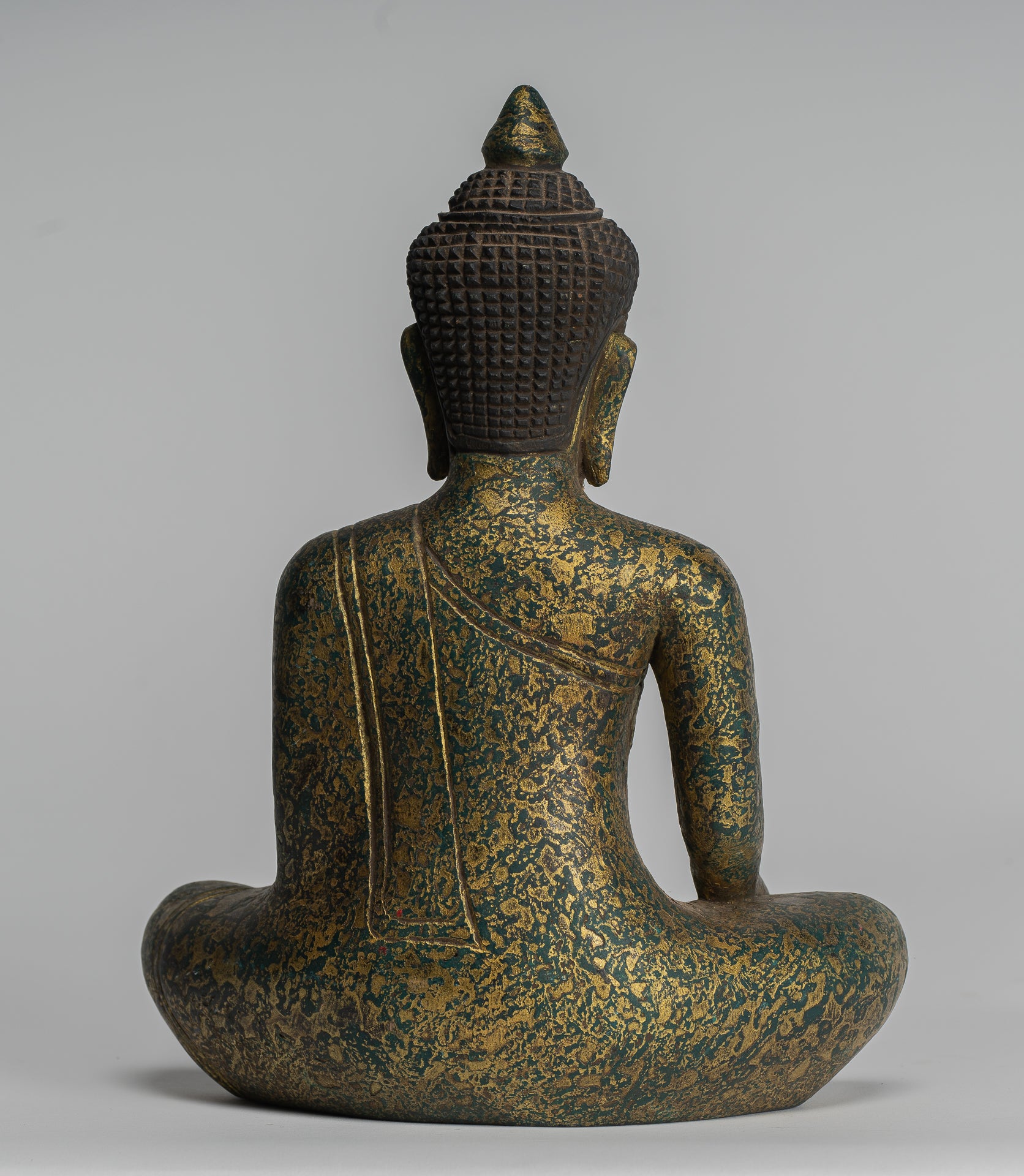 Buddha Statue - Antique Khmer Style SE Asia Seated Wood Enlightenment Buddha Statue - 27cm/11"