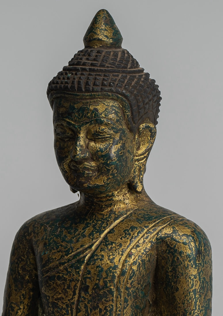 Buddha Statue - Antique Khmer Style SE Asia Seated Wood Enlightenment Buddha Statue - 27cm/11"