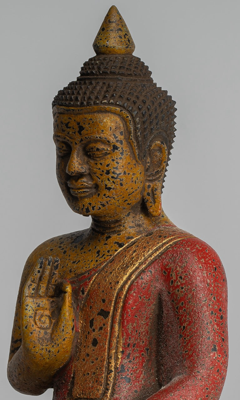 Buddha Statue - Antique Khmer Style Cambodia Seated Wood Buddha Statue Teaching Mudra - 27cm/11"