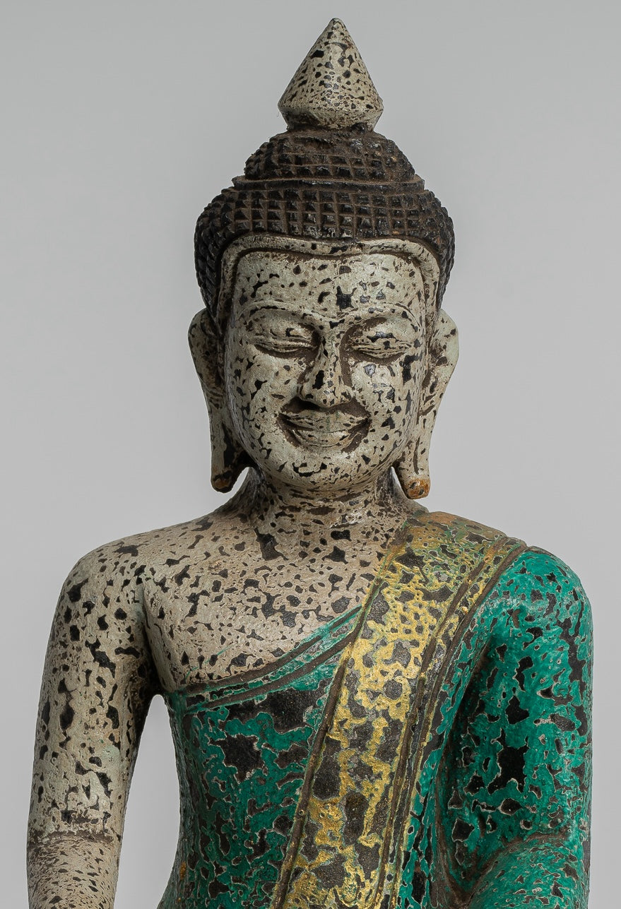 Buddha Statue - Antique Khmer Style SE Asia Seated Wood Enlightenment Buddha Statue - 26cm/10"