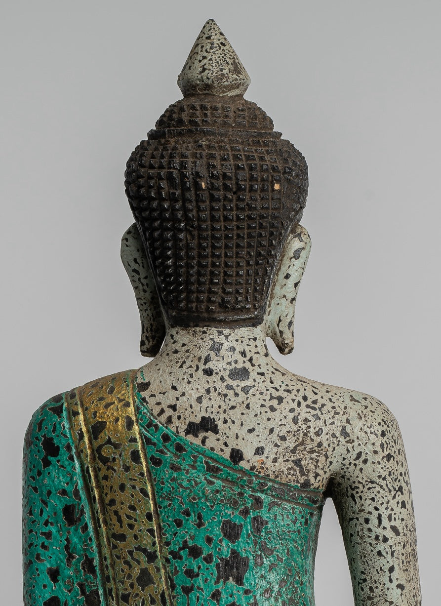 Buddha Statue - Antique Khmer Style SE Asia Seated Wood Enlightenment Buddha Statue - 26cm/10"