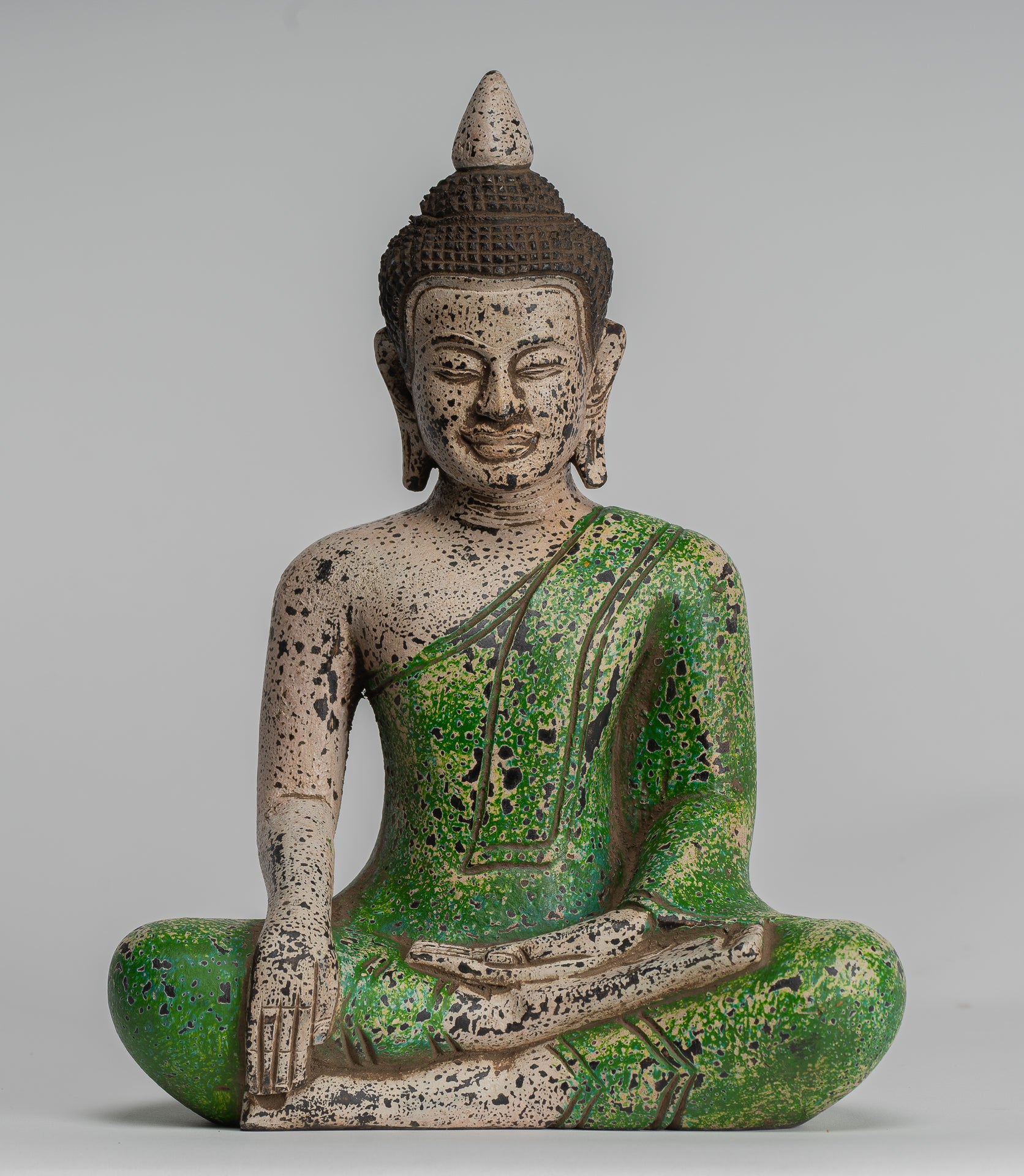 Buddha Statue - Antique Khmer Style SE Asia Seated Wood Enlightenment Buddha Statue - 27cm/11"