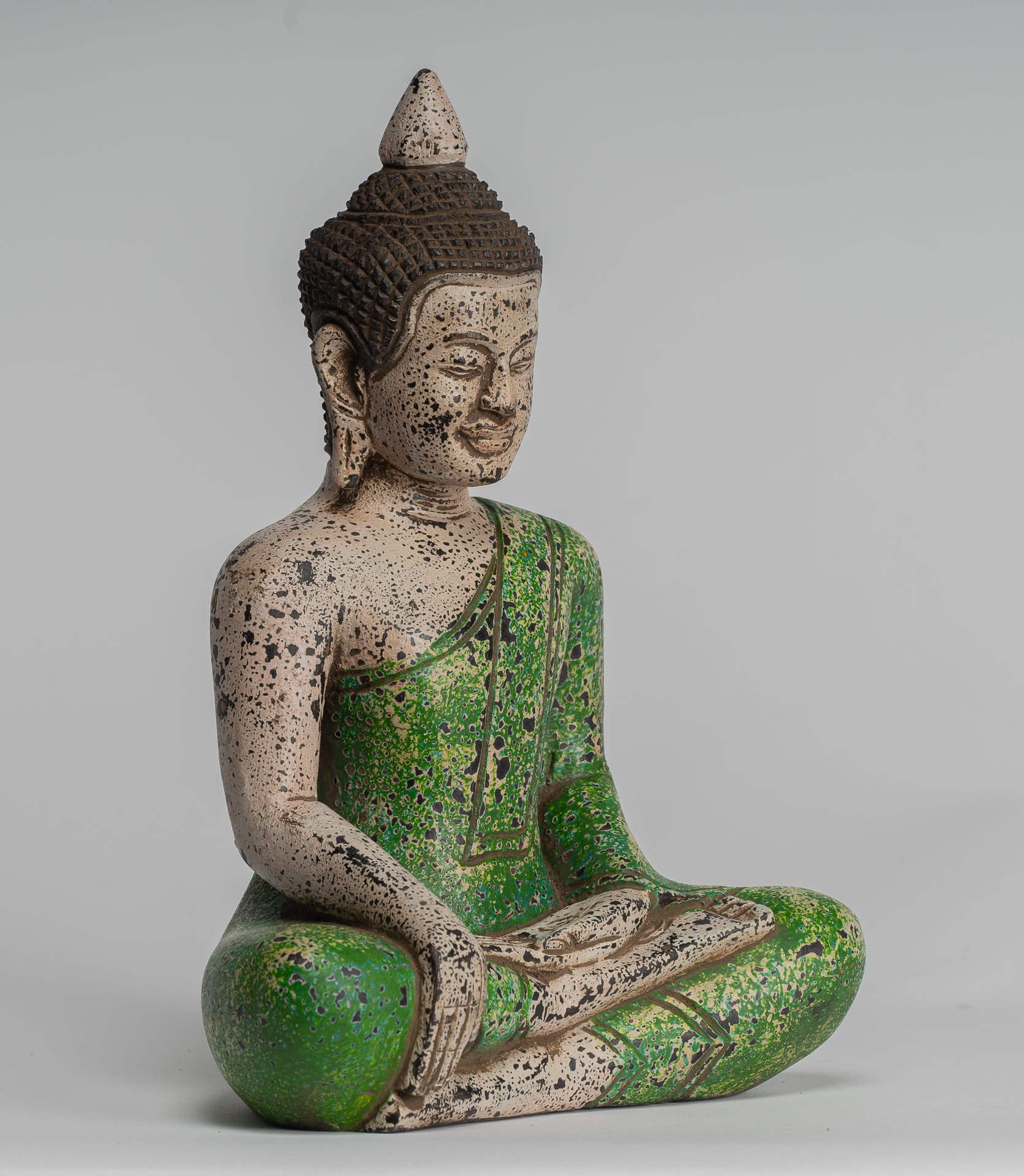 Buddha Statue - Antique Khmer Style SE Asia Seated Wood Enlightenment Buddha Statue - 27cm/11"