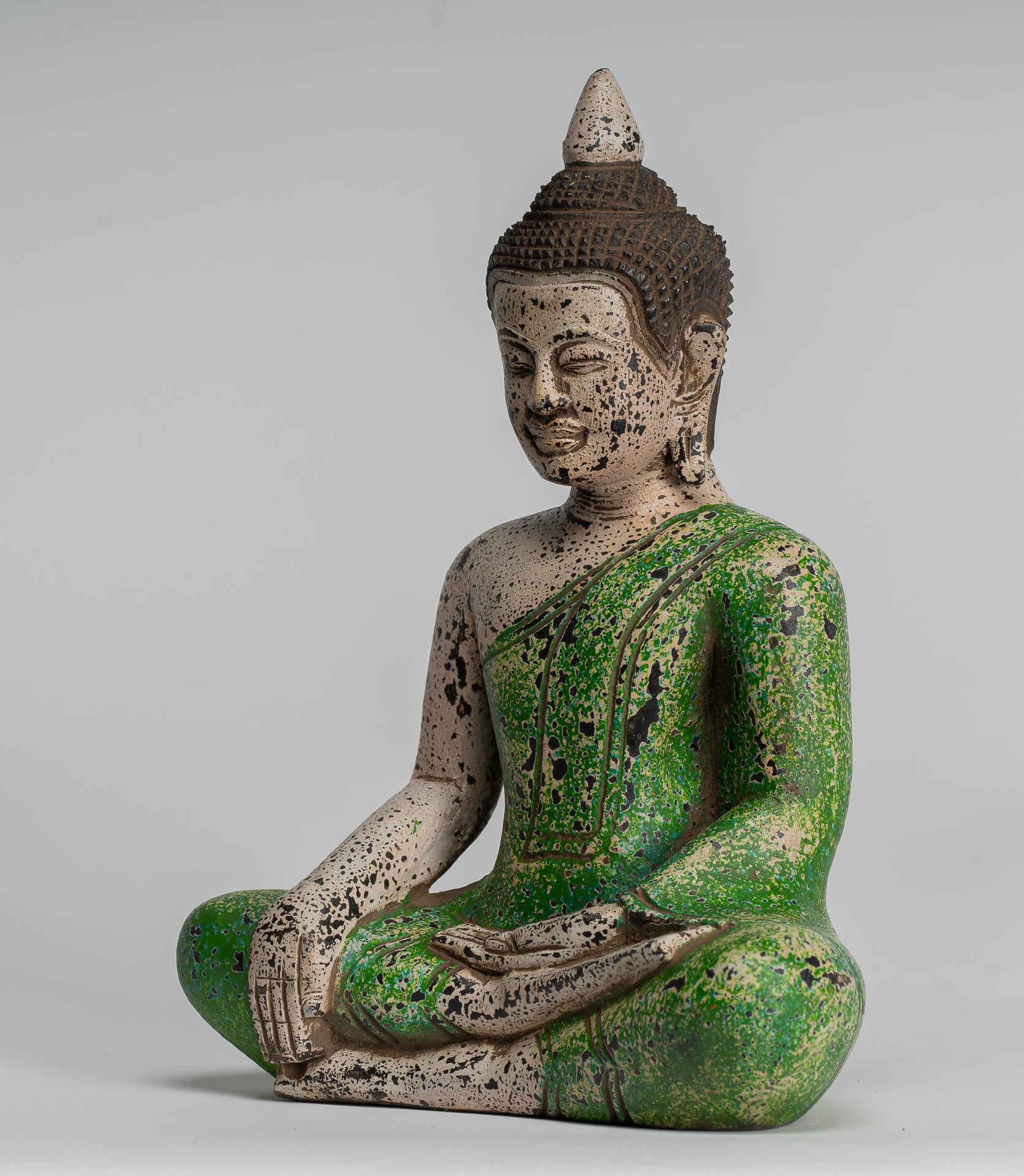 Buddha Statue - Antique Khmer Style SE Asia Seated Wood Enlightenment Buddha Statue - 27cm/11"