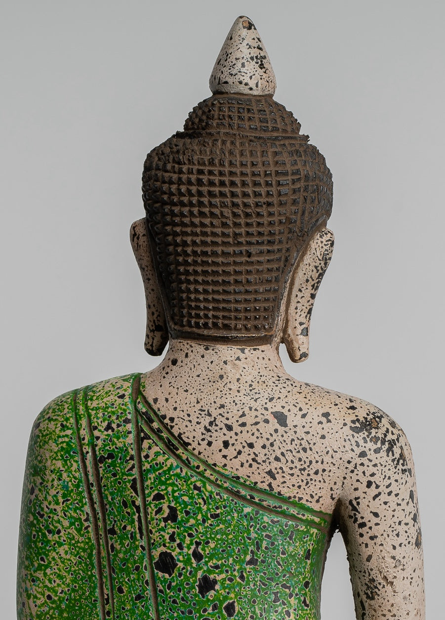 Buddha Statue - Antique Khmer Style SE Asia Seated Wood Enlightenment Buddha Statue - 27cm/11"