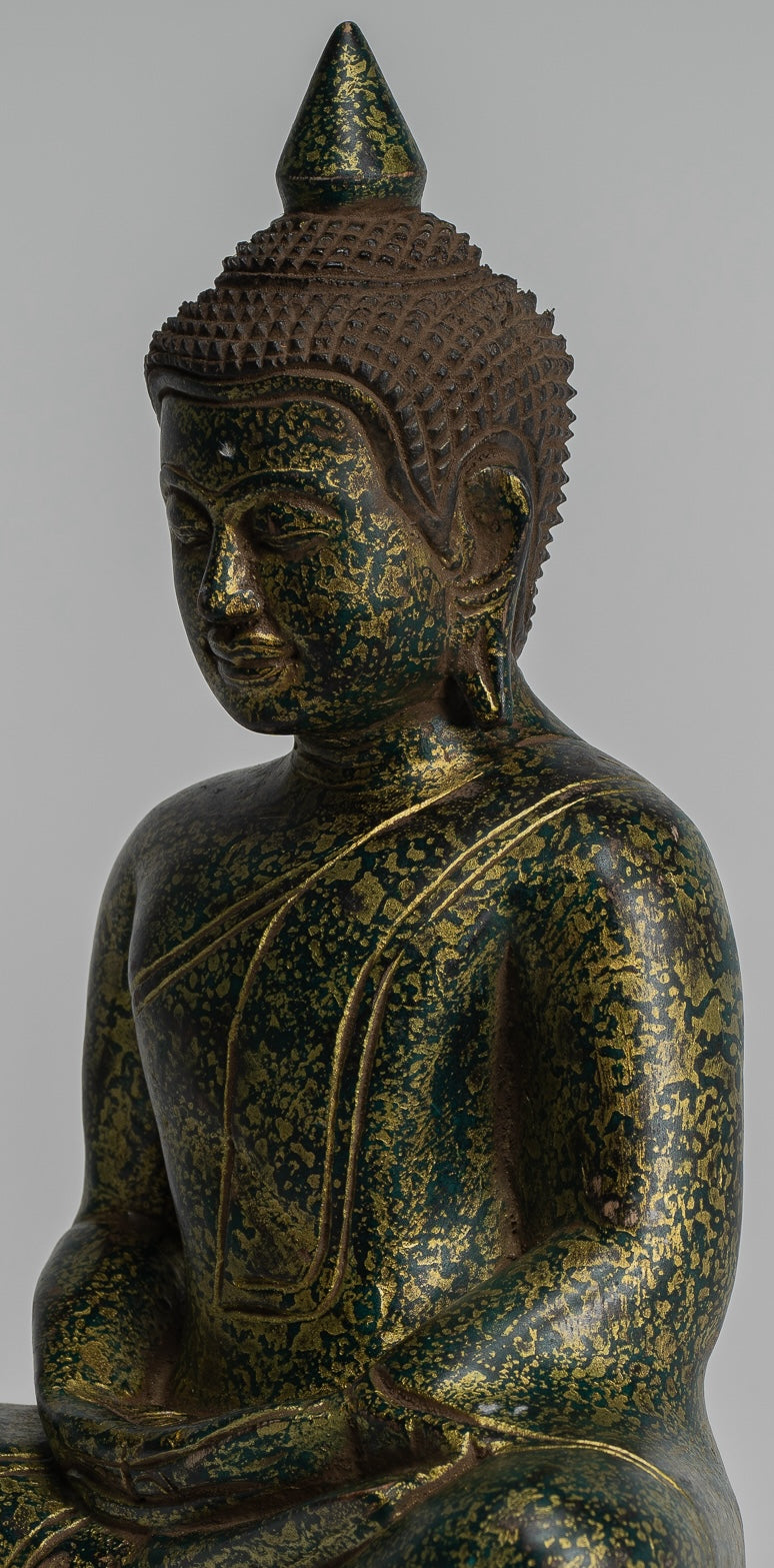 Buddha Sculpture - Antique Khmer Style Wood Seated Buddha Statue Dhyana Meditation Mudra - 28cm/11"