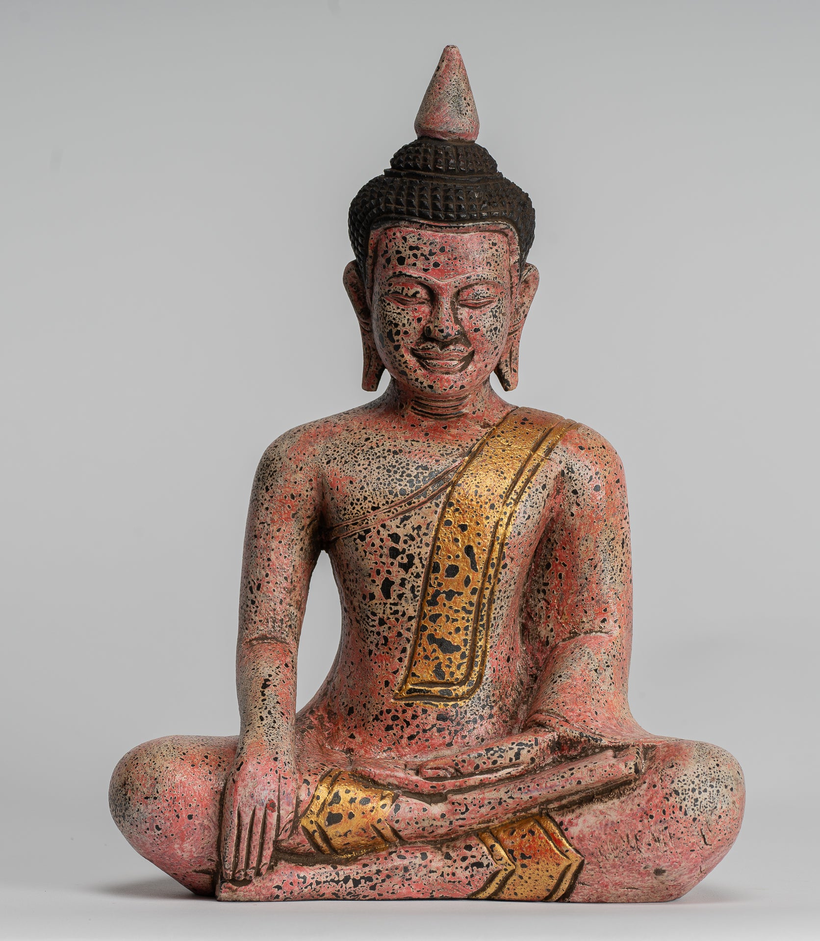 Buddha Statue - Antique Khmer Style SE Asia Seated Wood Enlightenment Buddha Statue - 27cm/11"