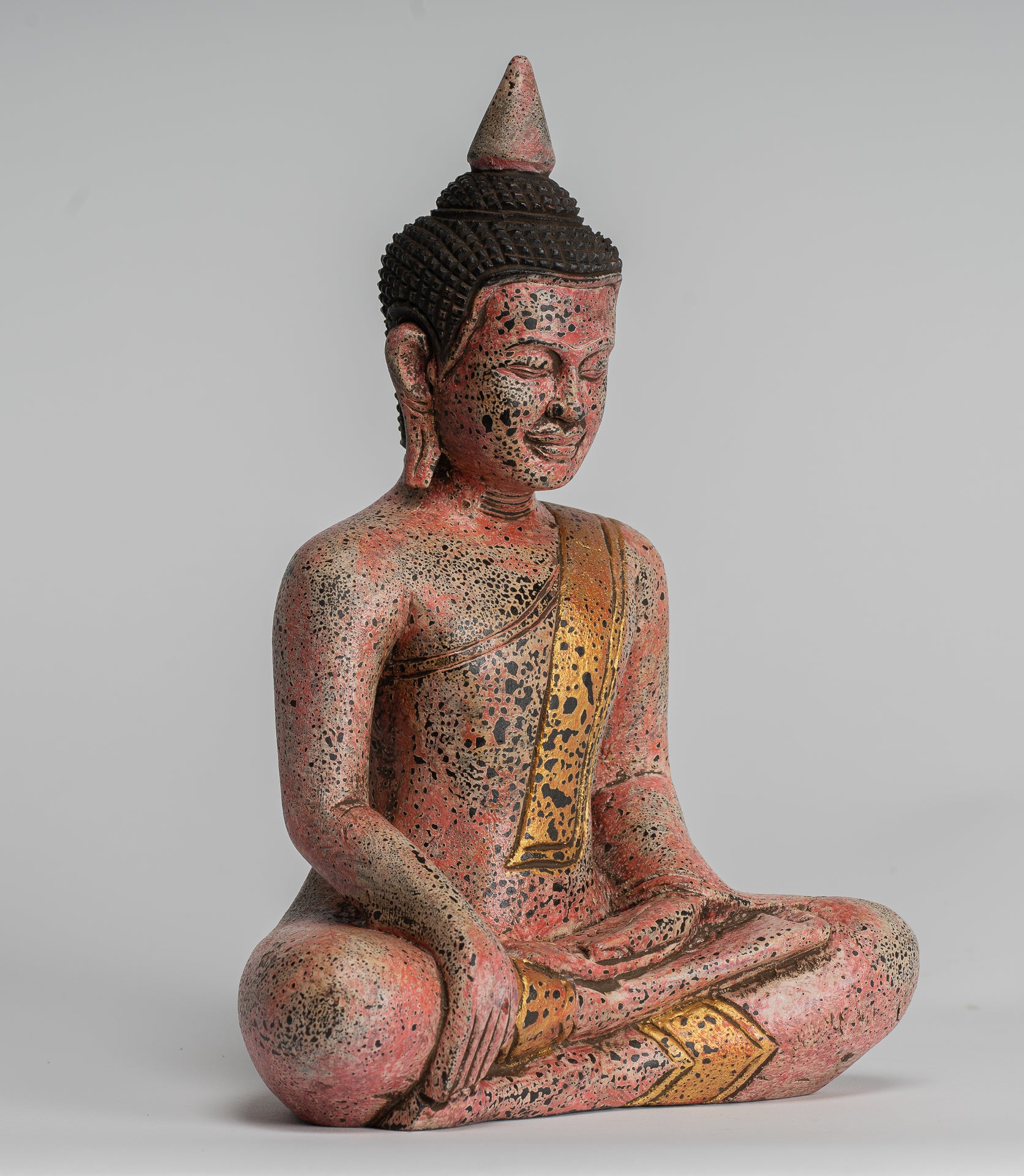Buddha Statue - Antique Khmer Style SE Asia Seated Wood Enlightenment Buddha Statue - 27cm/11"