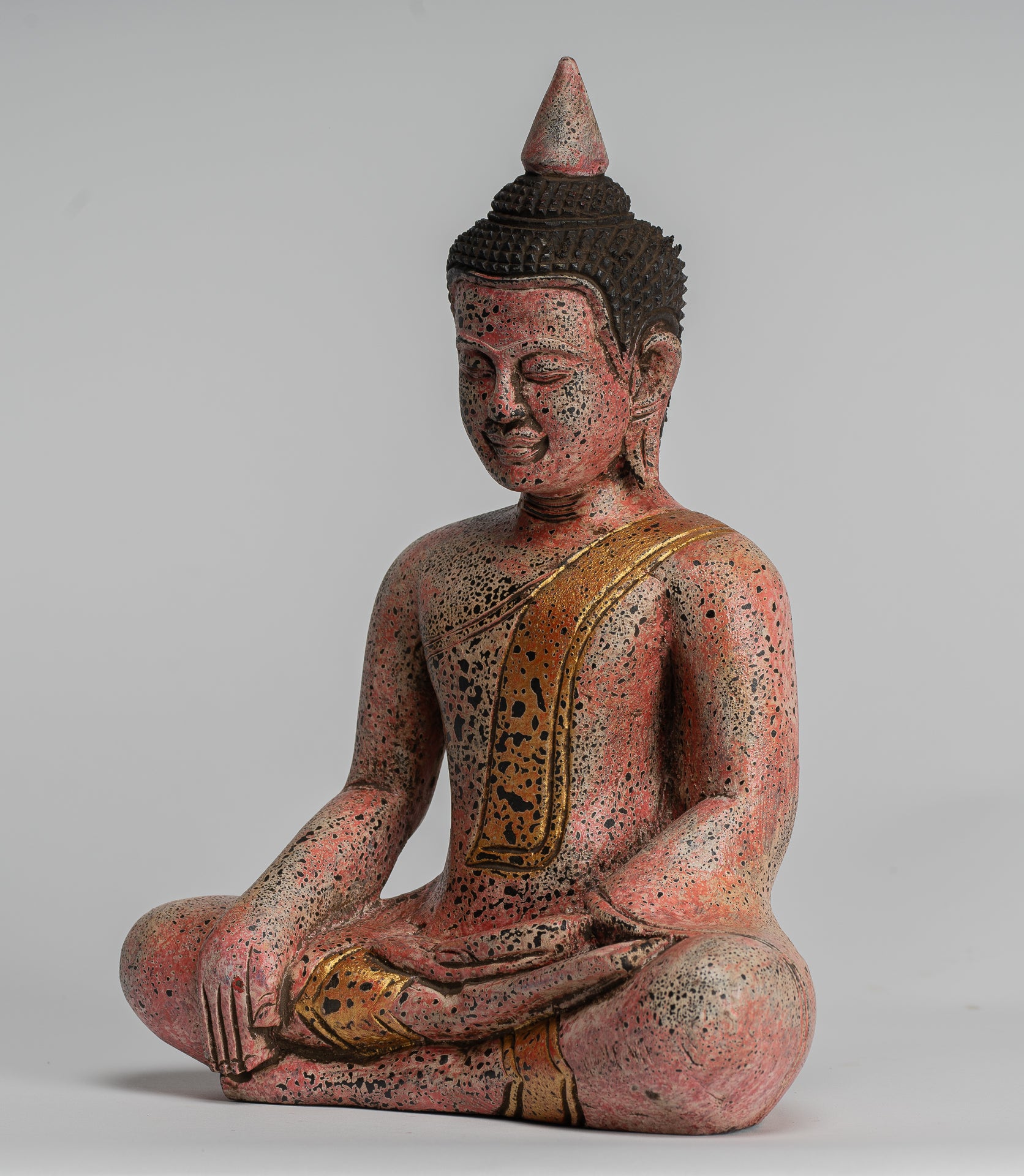 Buddha Statue - Antique Khmer Style SE Asia Seated Wood Enlightenment Buddha Statue - 27cm/11"