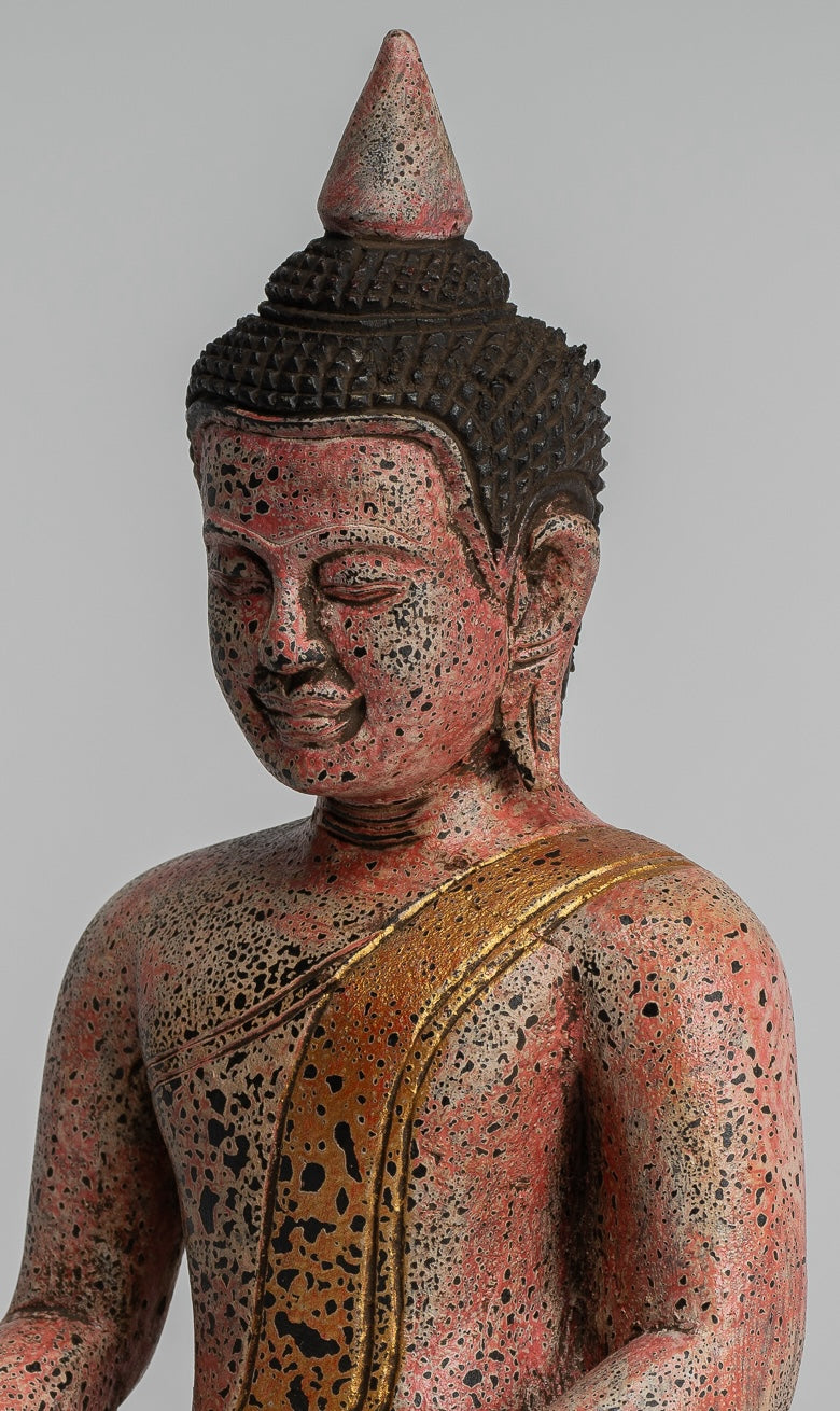 Buddha Statue - Antique Khmer Style SE Asia Seated Wood Enlightenment Buddha Statue - 27cm/11"