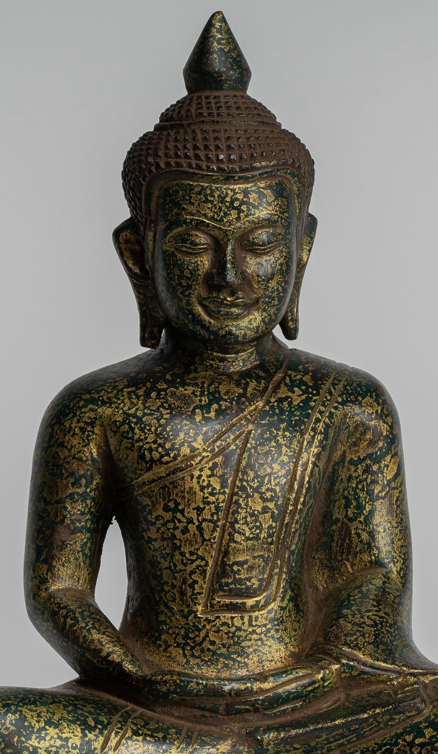 Buddha Sculpture - Antique Khmer Style Wood Seated Buddha Statue Dhyana Meditation Mudra - 28cm/11"