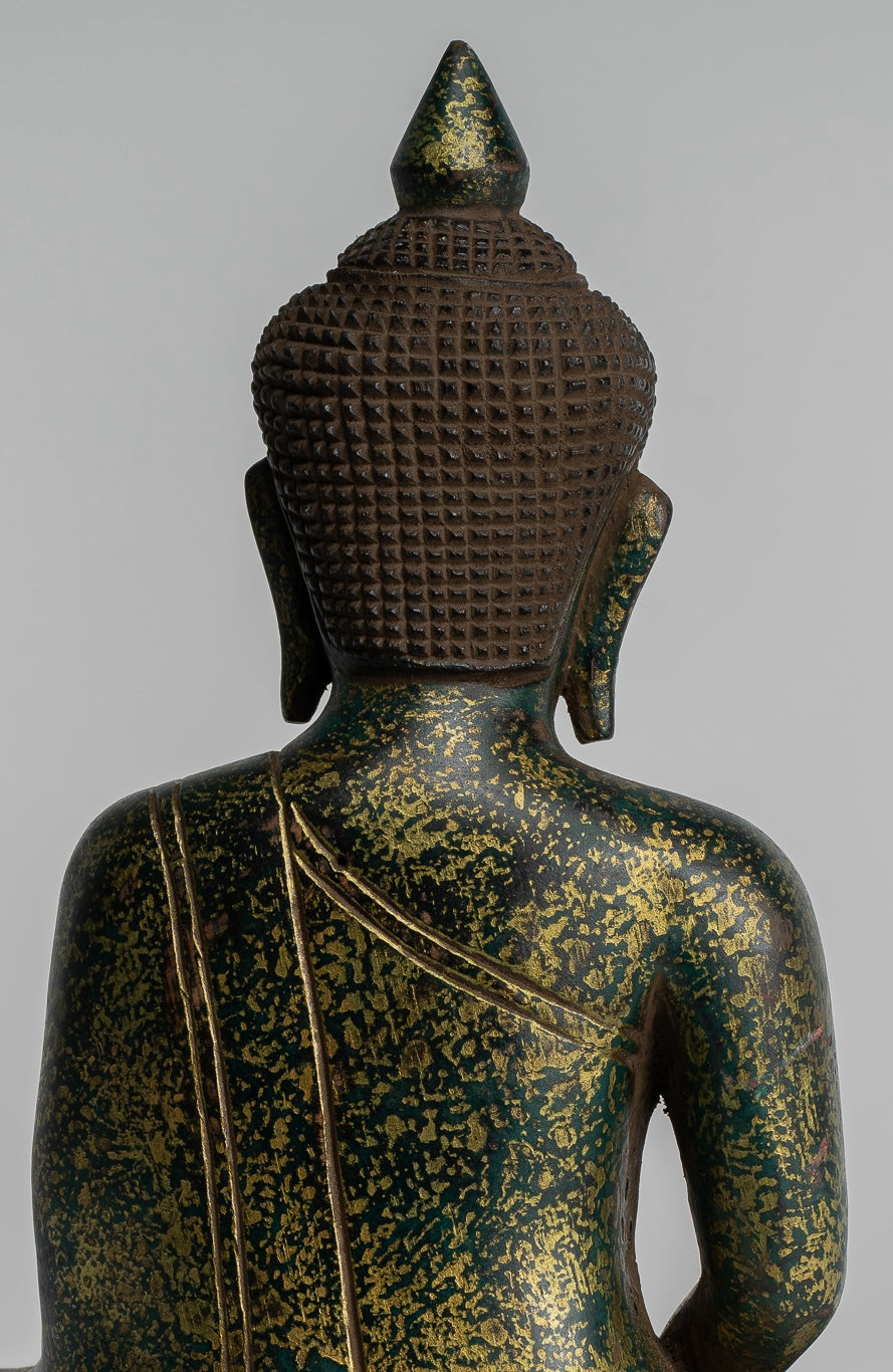 Buddha Sculpture - Antique Khmer Style Wood Seated Buddha Statue Dhyana Meditation Mudra - 28cm/11"