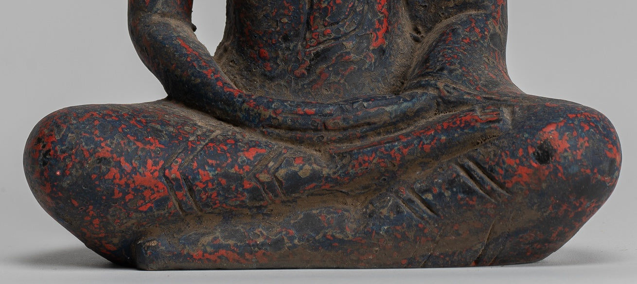 Buddha Sculpture - Antique Khmer Style Wood Seated Buddha Statue Dhyana Meditation Mudra - 21cm/8"
