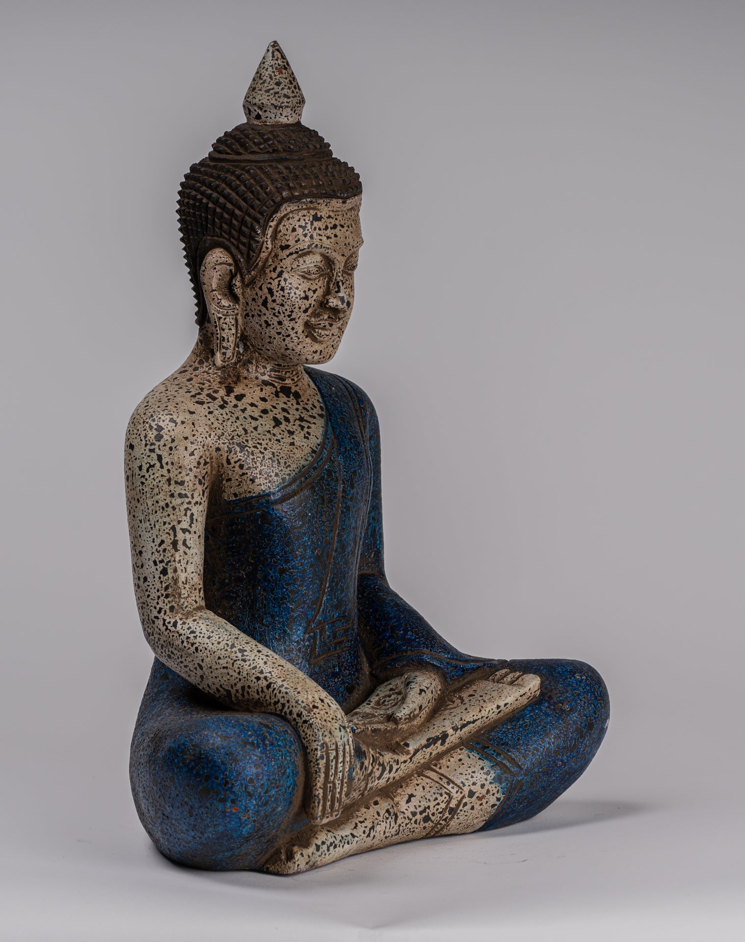 Buddha Statue - Antique Khmer Style SE Asia Seated Wood Enlightenment Buddha Statue - 32cm/13"