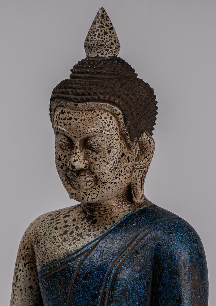Buddha Statue - Antique Khmer Style SE Asia Seated Wood Enlightenment Buddha Statue - 32cm/13"