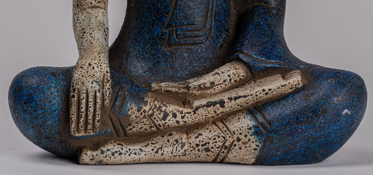 Buddha Statue - Antique Khmer Style SE Asia Seated Wood Enlightenment Buddha Statue - 32cm/13"