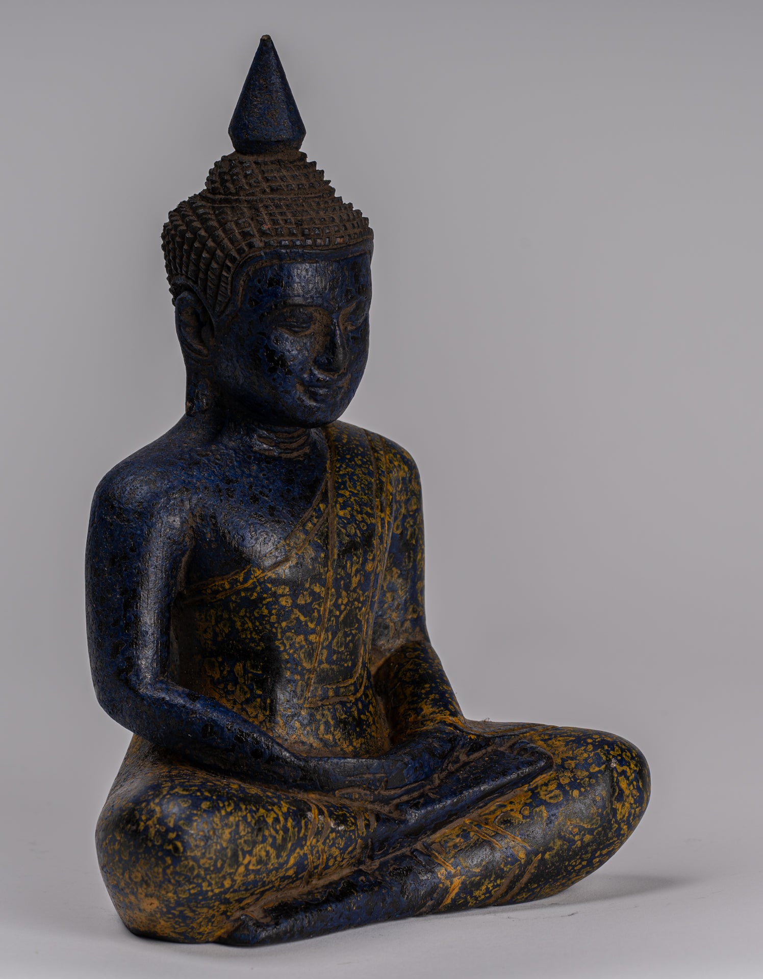 Buddha Sculpture - Antique Khmer Style Wood Seated Buddha Statue Dhyana Meditation Mudra - 22cm/9"