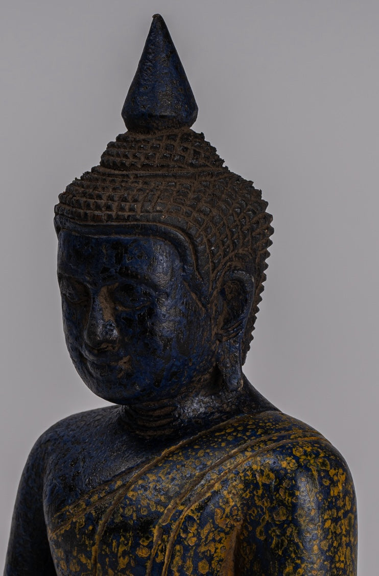 Buddha Sculpture - Antique Khmer Style Wood Seated Buddha Statue Dhyana Meditation Mudra - 22cm/9"