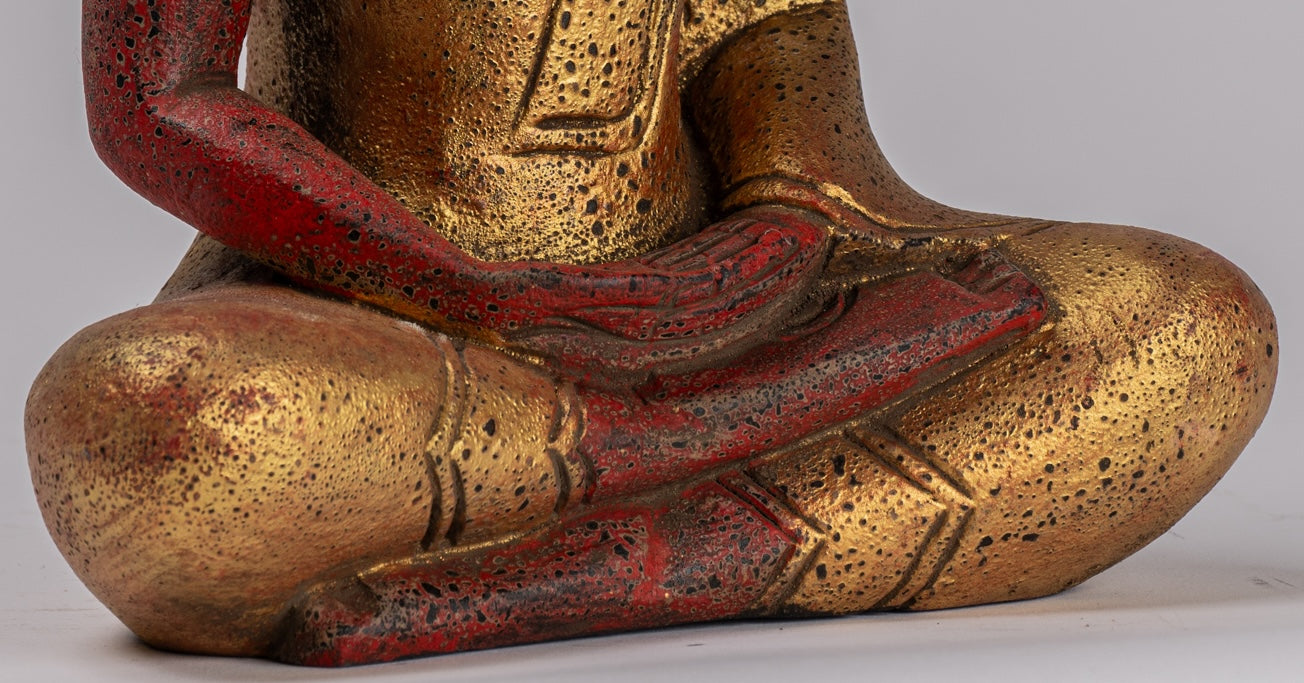 Sculpture de Bouddha – Statue de Bouddha assis en bois de style khmer antique Dhyana Méditation Mudra – 27 cm