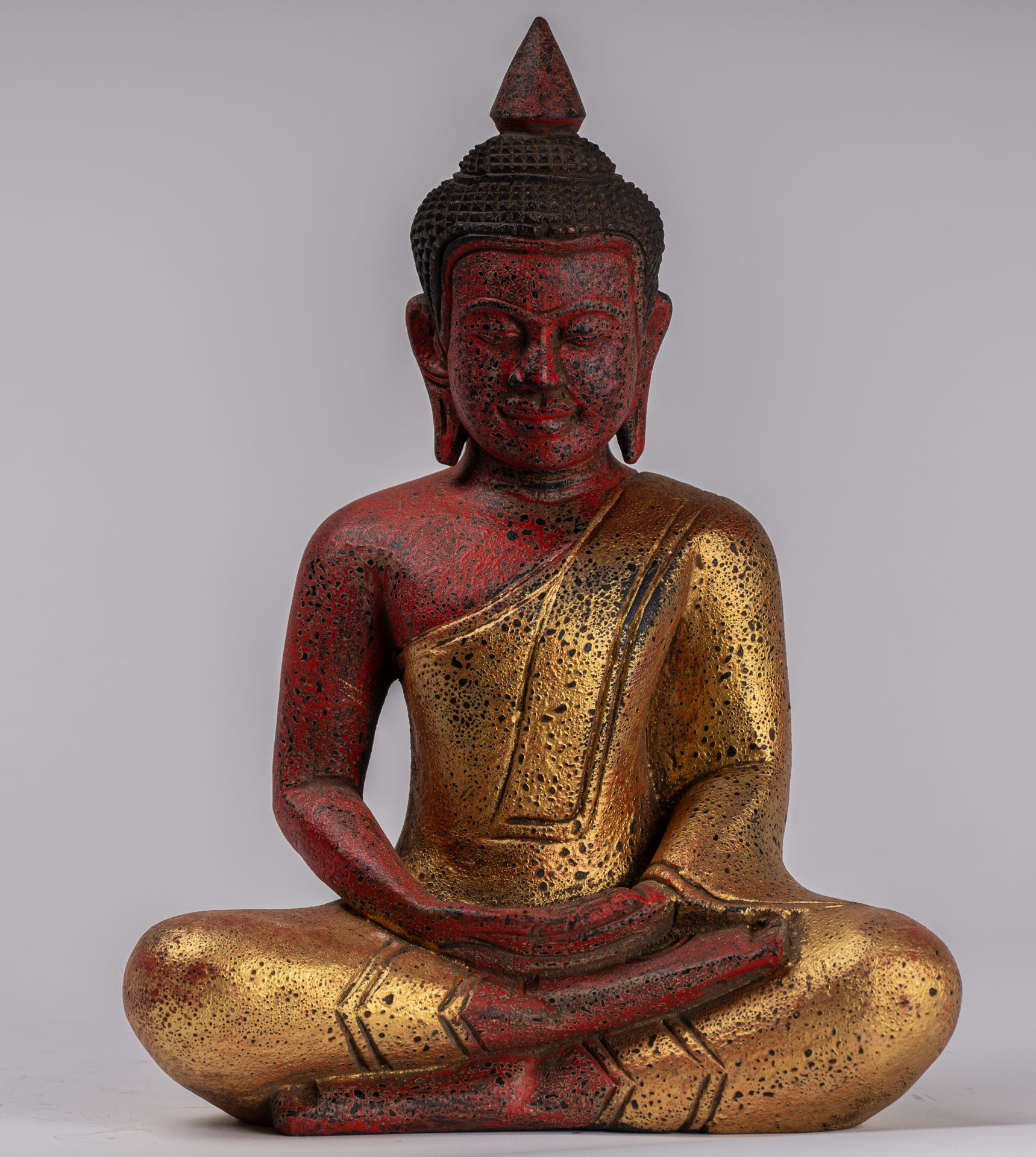 Buddha Sculpture - Antique Khmer Style Wood Seated Buddha Statue Dhyana Meditation Mudra - 27cm/11"