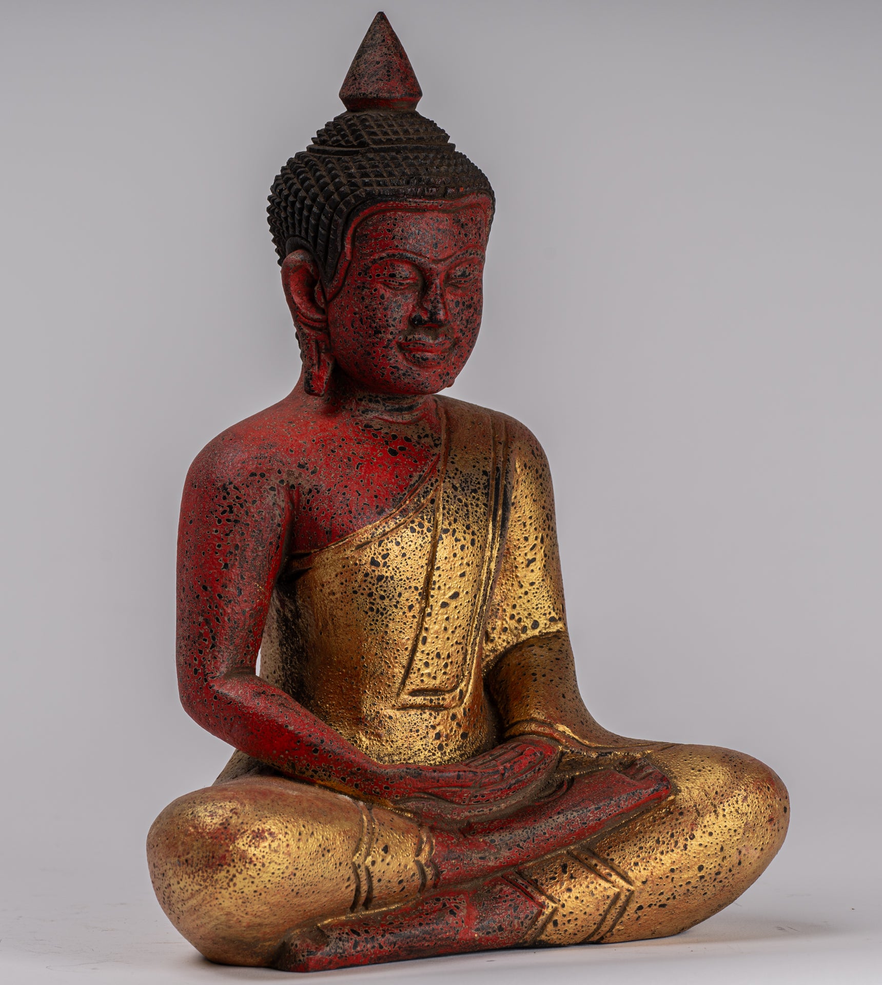 Buddha Sculpture - Antique Khmer Style Wood Seated Buddha Statue Dhyana Meditation Mudra - 27cm/11"